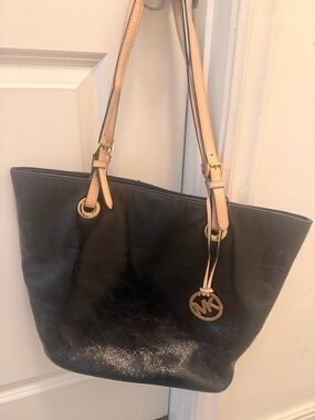 Michael Kors Black Tote with Tan Shoulder Straps and Gold MK Charm